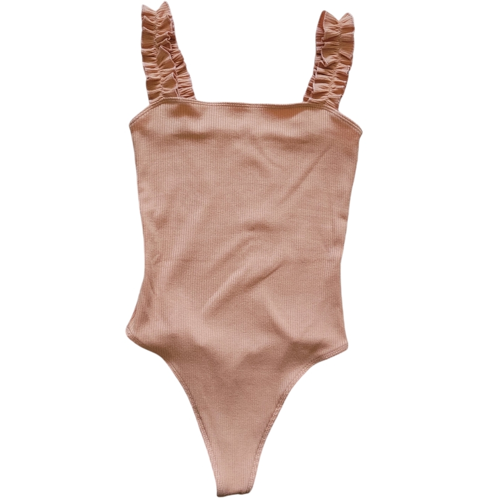 Sunday Best Orange Firecracker Ruffle Strap Ribbed Thong-cut Bodysuit, Size XS